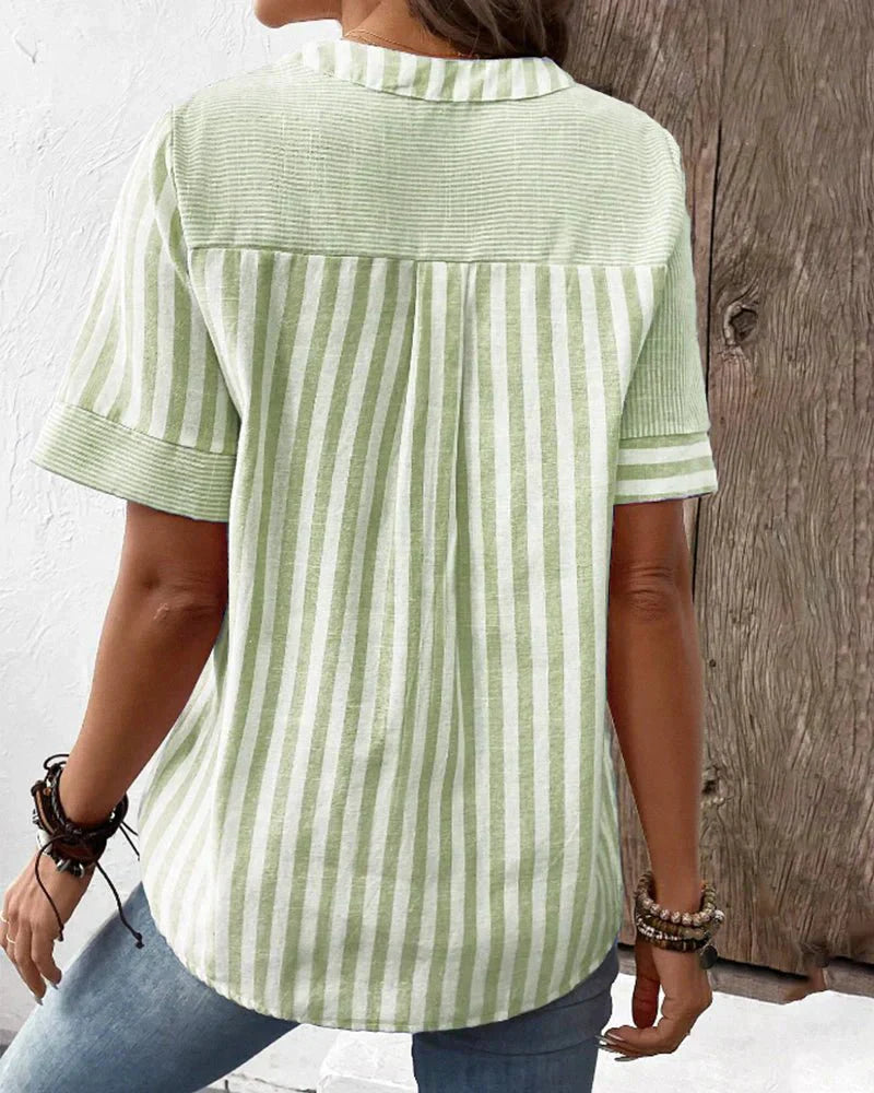 Selvara | Striped Short-Sleeve Button-Front Blouse