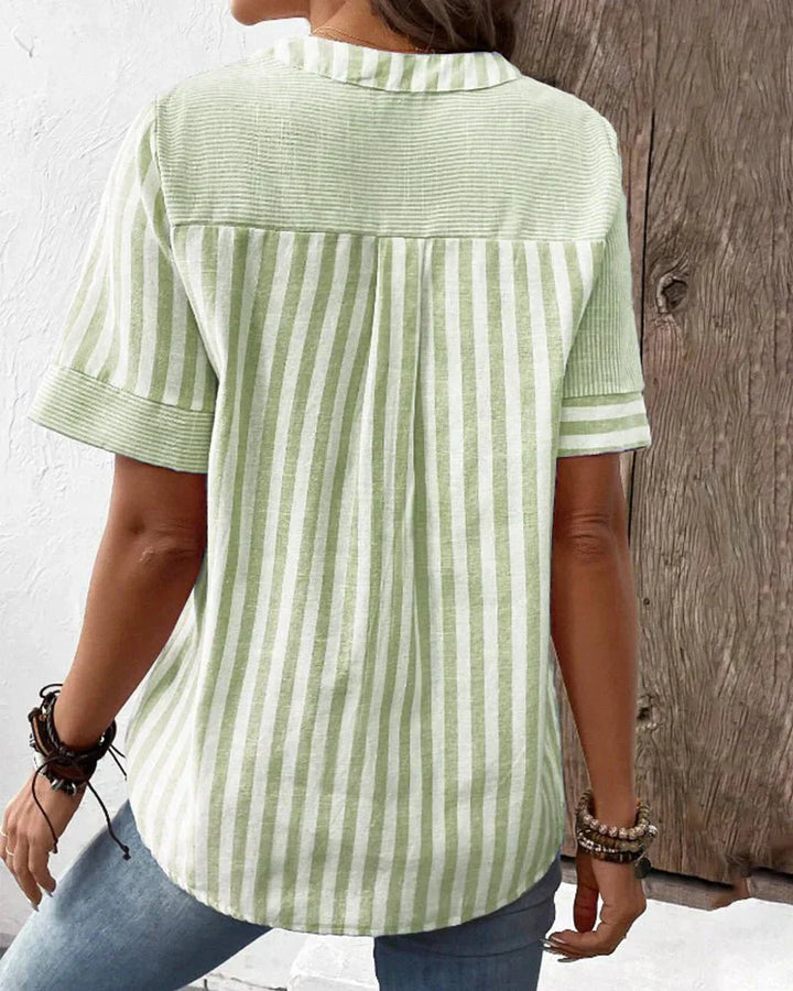 Selvara | Striped Short-Sleeve Button-Front Blouse