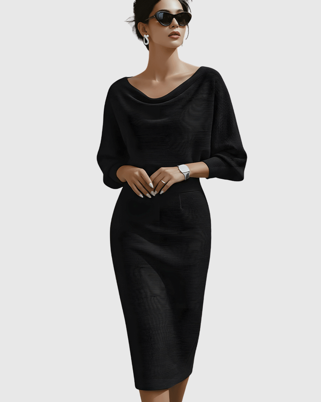 Sloane | Women’s Draped Cowl Neck Dolman Sleeve Midi Dress