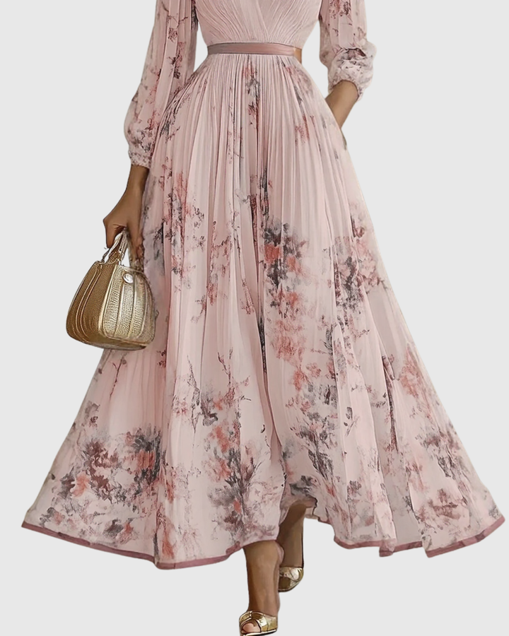 Celeste | Women’s Pleated Watercolor Floral Midi Event Dress