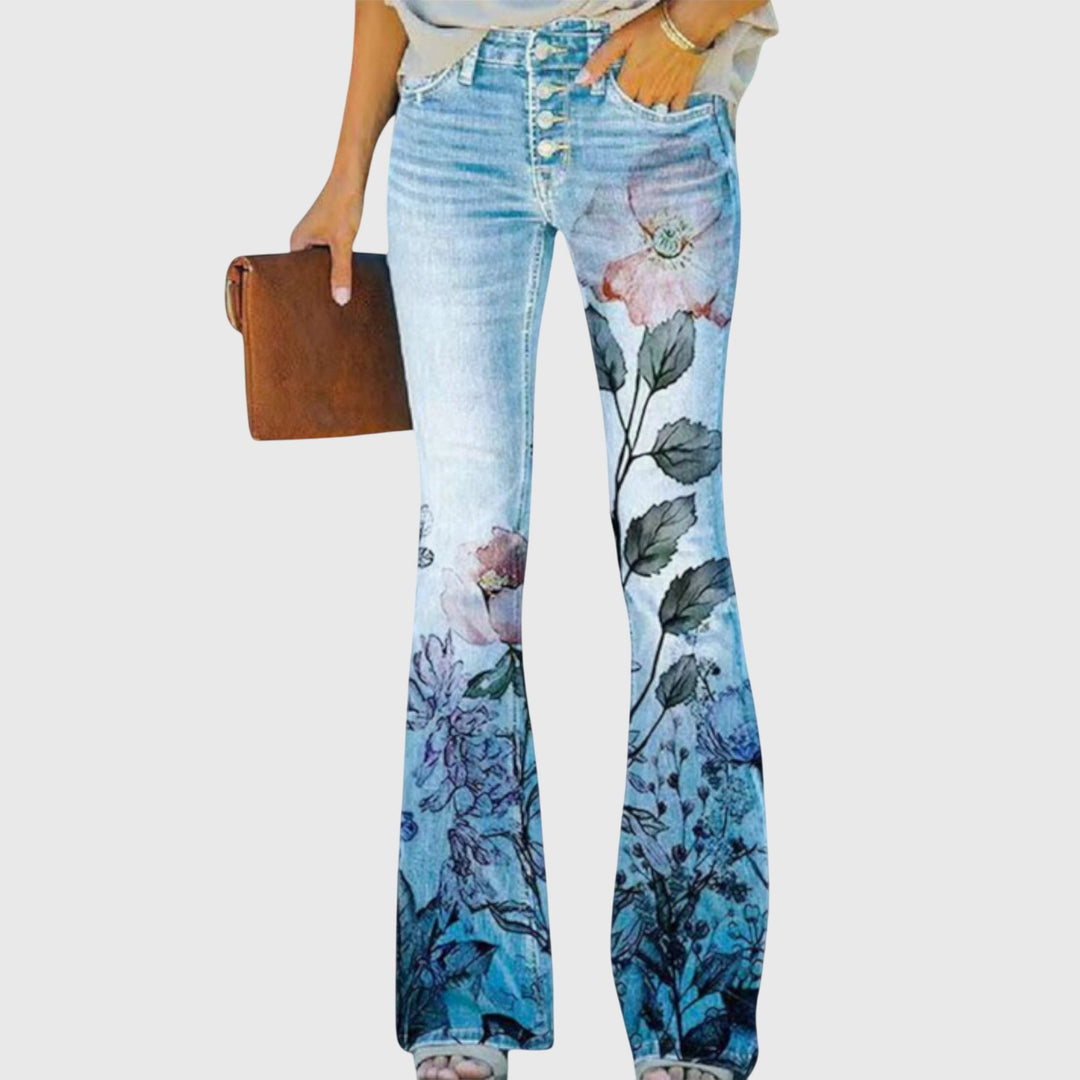 Meadow | Women’s Botanical Print Flare Leg Stretch Denim Jeans