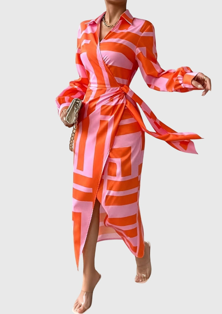 Valencia | Women’s Geometric Colorblock Collared Wrap Midi Dress