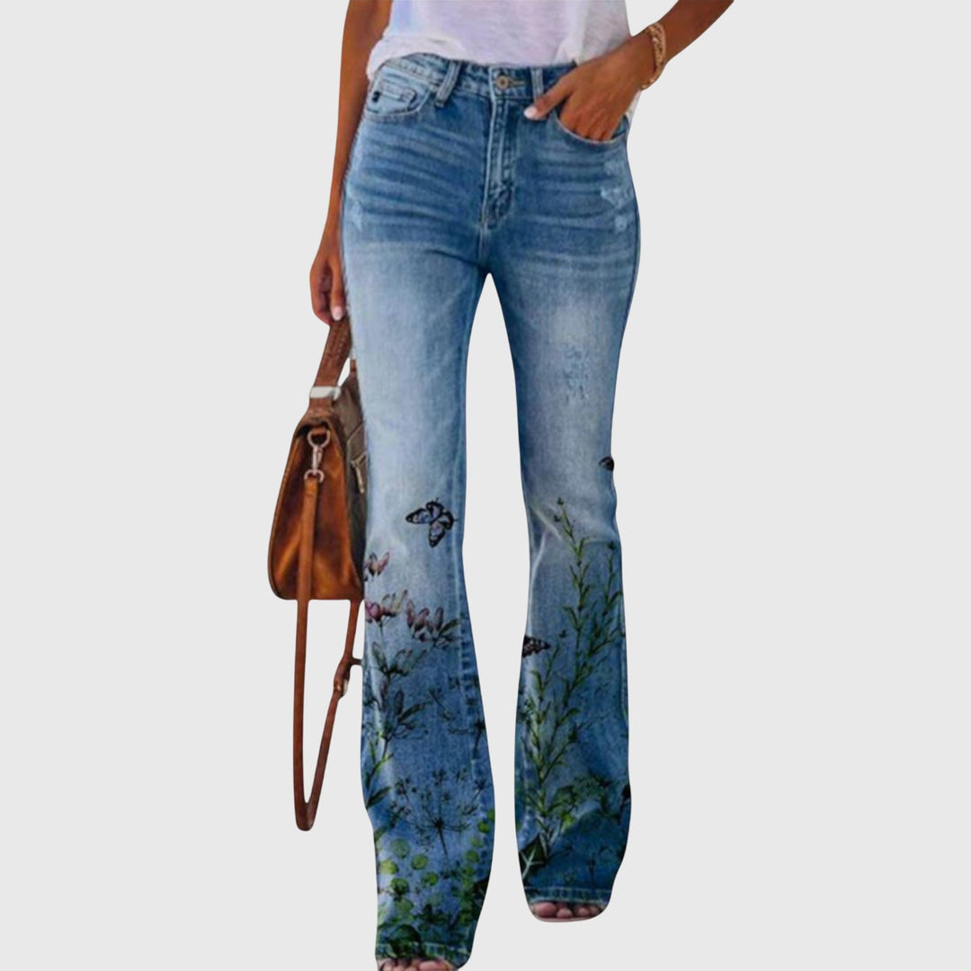Meadow | Women’s Botanical Print Flare Leg Stretch Denim Jeans