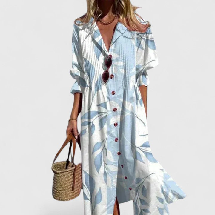 Capri | Women’s Pleated Botanical Button-Down Resort Dress