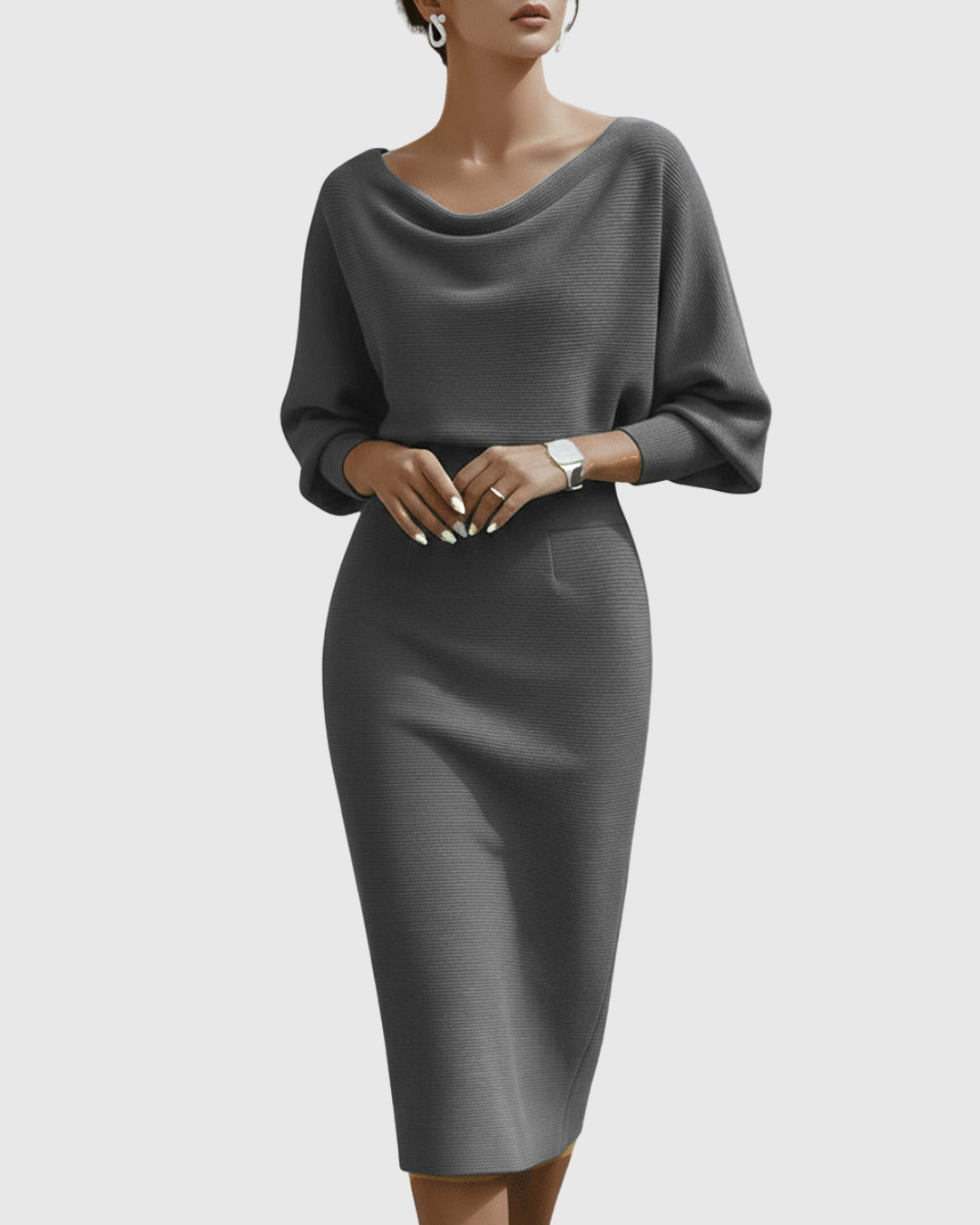 Sloane | Women’s Draped Cowl Neck Dolman Sleeve Midi Dress