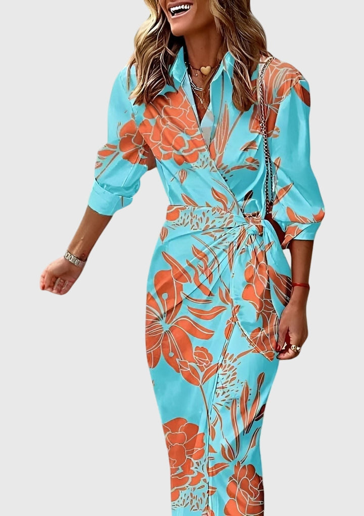 Valencia | Women’s Geometric Colorblock Collared Wrap Midi Dress