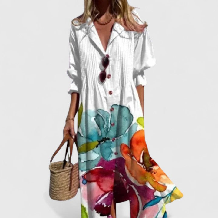 Capri | Women’s Pleated Botanical Button-Down Resort Dress
