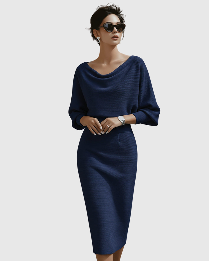 Sloane | Women’s Draped Cowl Neck Dolman Sleeve Midi Dress