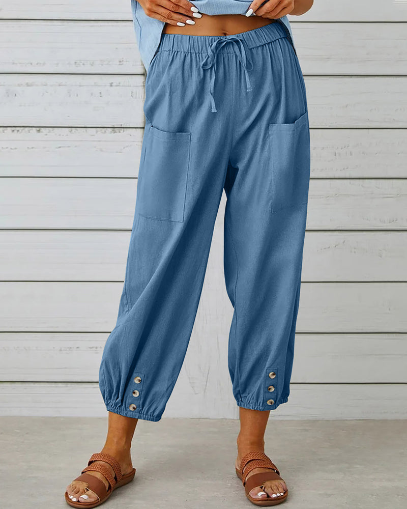Clara | Women’s Cotton-Linen Button-Front Cropped Pants