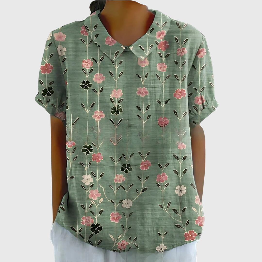 Cora | Women’s Vertical Botanical Print Collared Popover Blouse