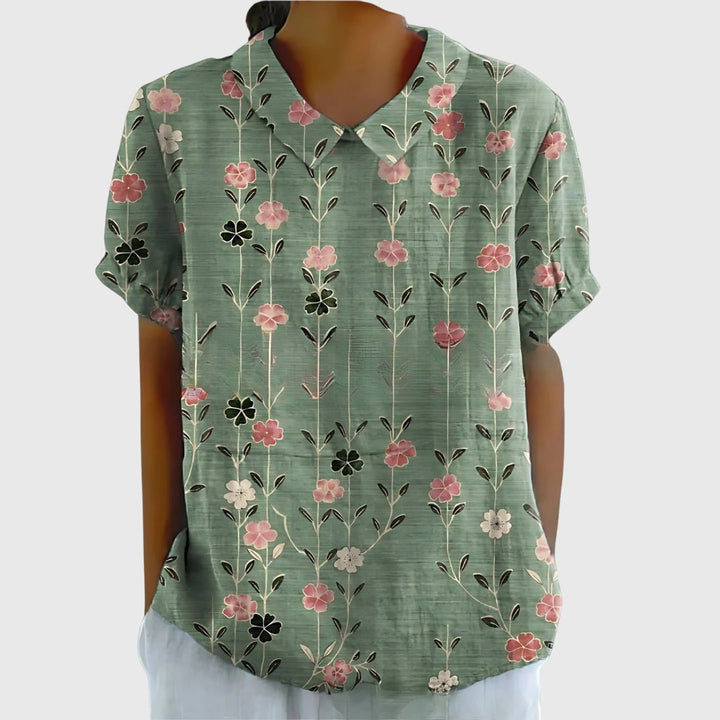 Cora | Women’s Vertical Botanical Print Collared Popover Blouse