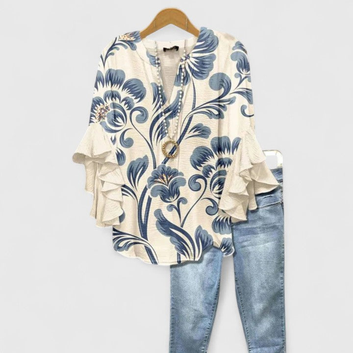 Delphine | Women’s Botanical Ruffle Tunic &amp; Denim-Style Trouser Set