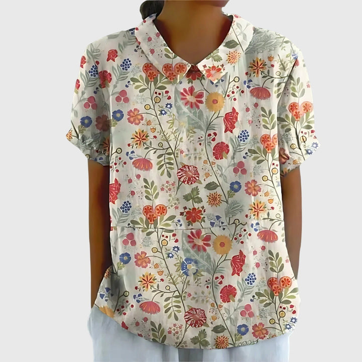 Cora | Women’s Vertical Botanical Print Collared Popover Blouse