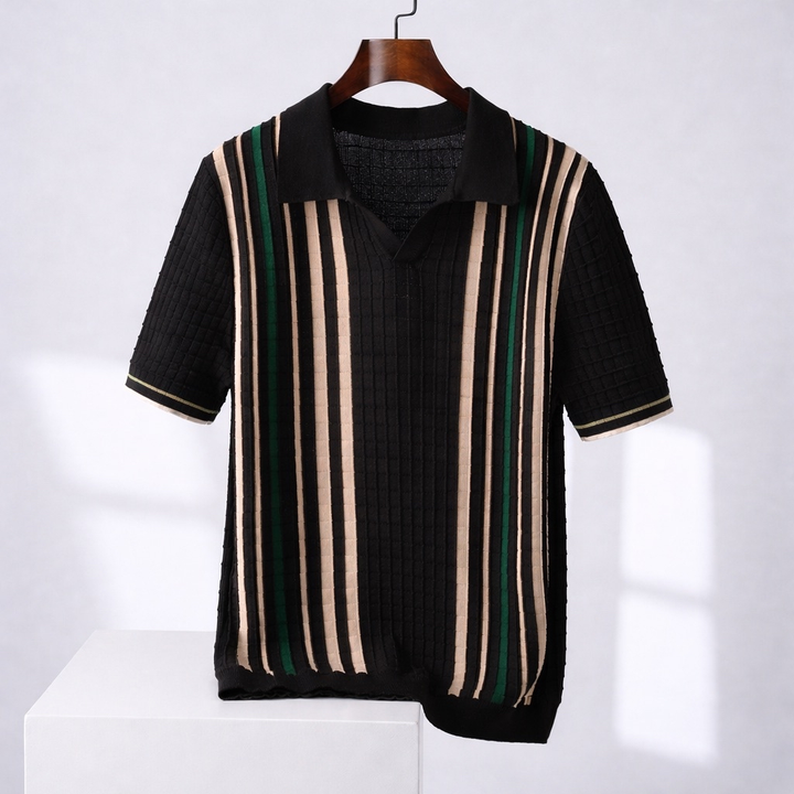 Luca | Men’s Retro Knit Johnny Collar Vertical Stripe Polo