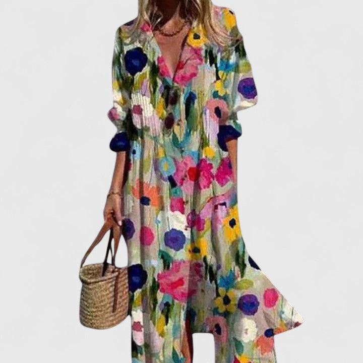 Capri | Women’s Pleated Botanical Button-Down Resort Dress