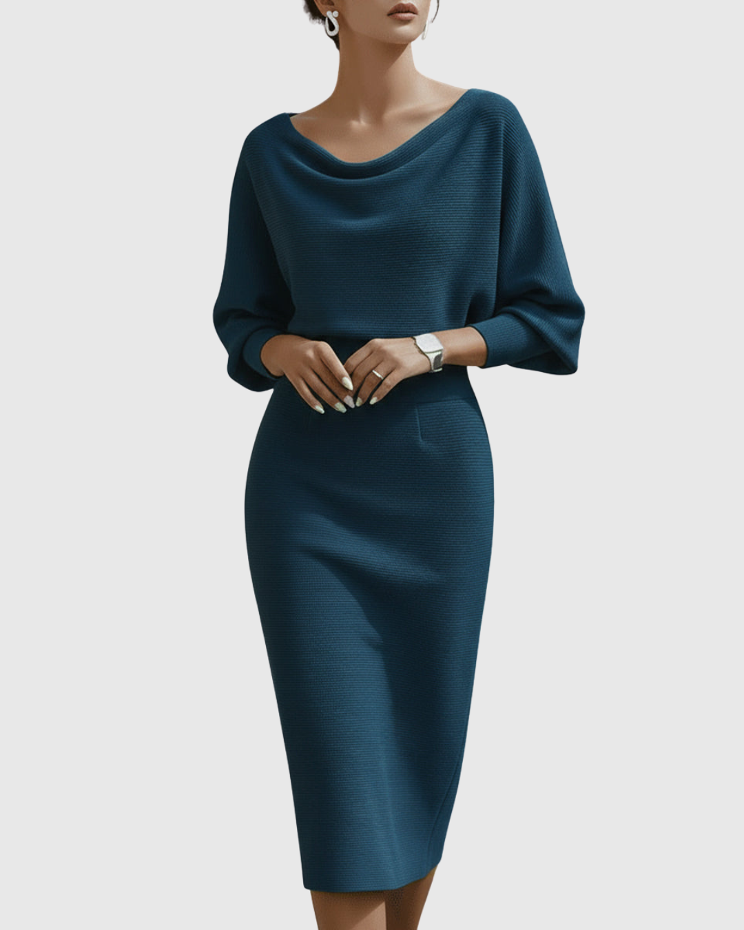 Sloane | Women’s Draped Cowl Neck Dolman Sleeve Midi Dress