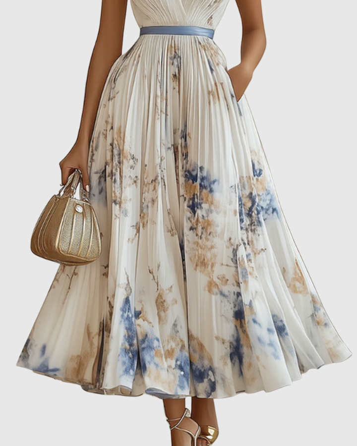 Celeste | Women’s Pleated Watercolor Floral Midi Event Dress