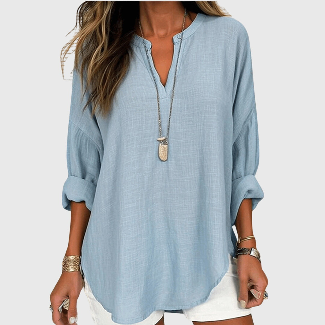 Isla | Women’s Textured Linen-Blend Split V-Neck Coastal Tunic