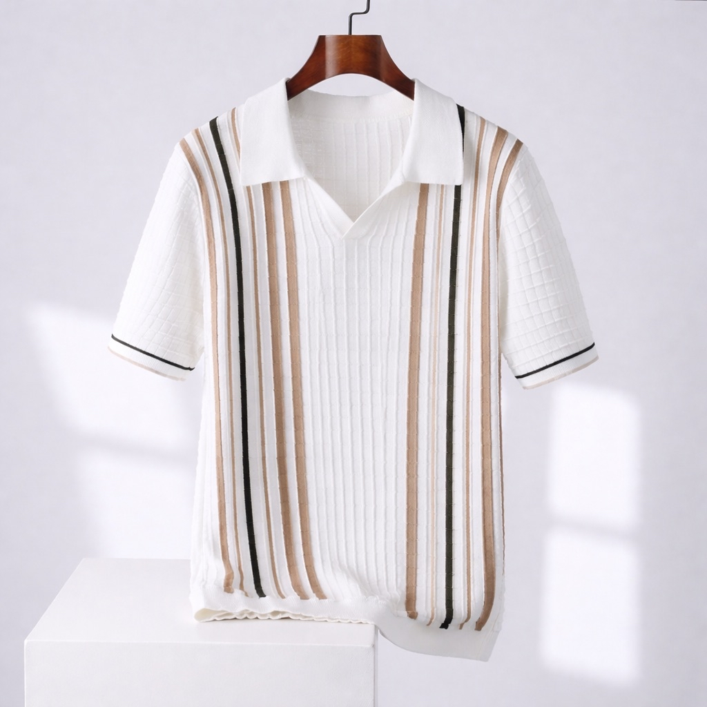 Luca | Men’s Retro Knit Johnny Collar Vertical Stripe Polo