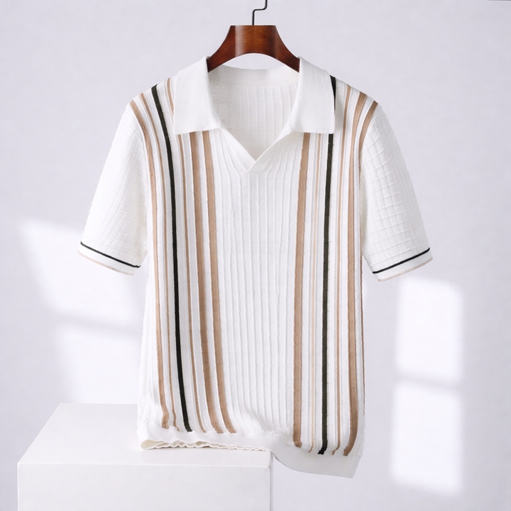 Luca | Men’s Retro Knit Johnny Collar Vertical Stripe Polo