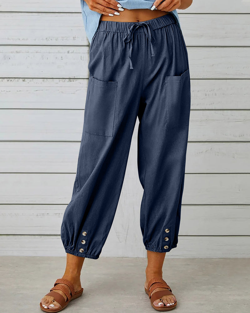 Clara | Women’s Cotton-Linen Button-Front Cropped Pants
