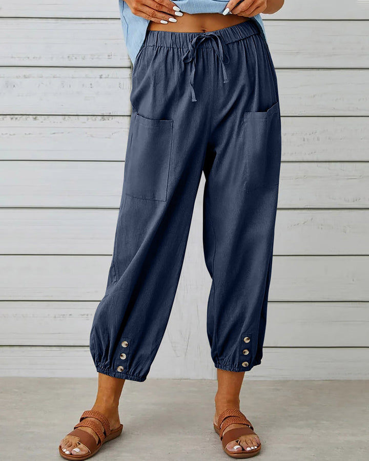 Clara | Women’s Cotton-Linen Button-Front Cropped Pants
