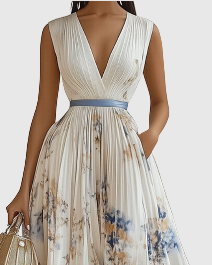 Celeste | Women’s Pleated Watercolor Floral Midi Event Dress