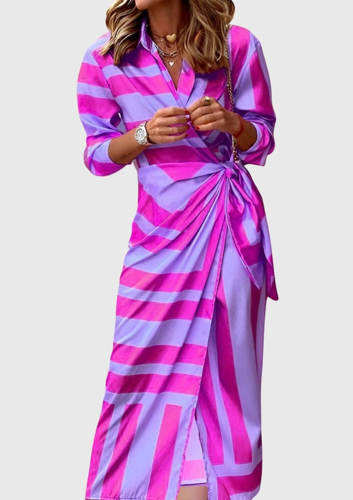 Valencia | Women’s Geometric Colorblock Collared Wrap Midi Dress