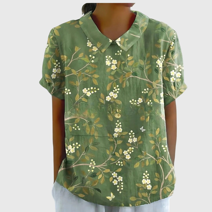 Cora | Women’s Vertical Botanical Print Collared Popover Blouse
