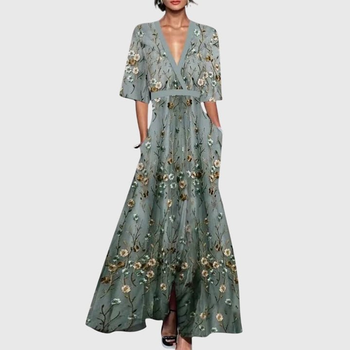 Elara | Women’s V-Neck Botanical Border Print Resort Maxi Dress