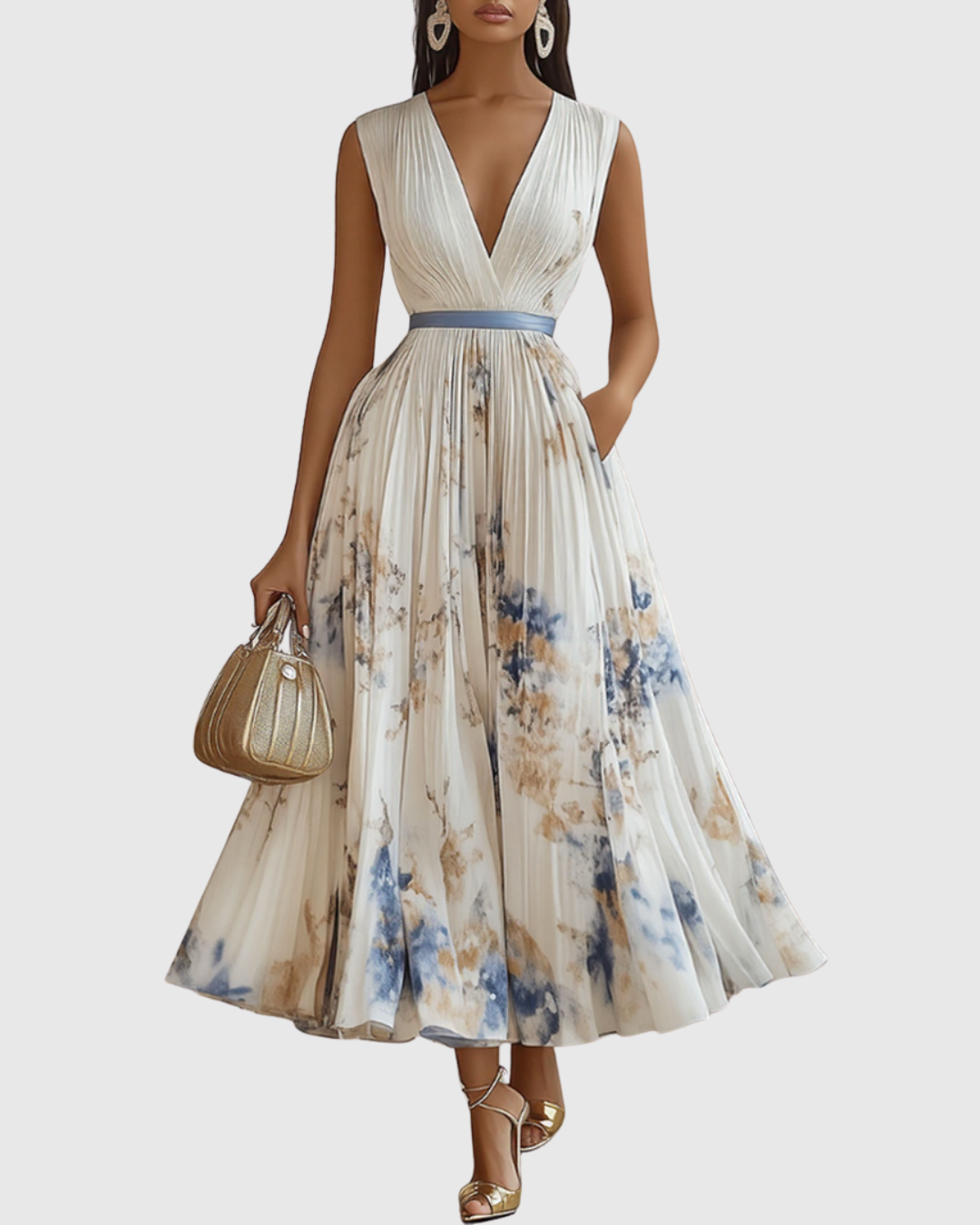 Celeste | Women’s Pleated Watercolor Floral Midi Event Dress