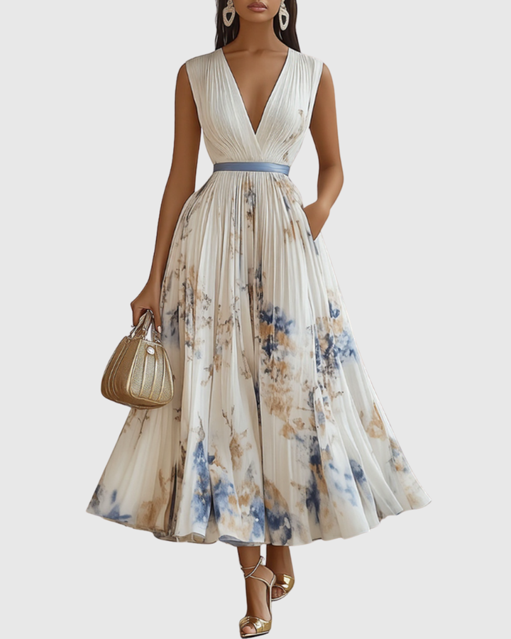 Celeste | Women’s Pleated Watercolor Floral Midi Event Dress