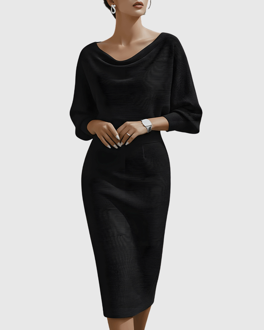 Sloane | Women’s Draped Cowl Neck Dolman Sleeve Midi Dress