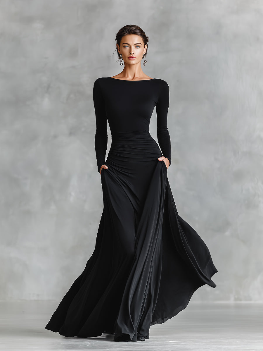 Black Long-Sleeve Sculpted Maxi Gown