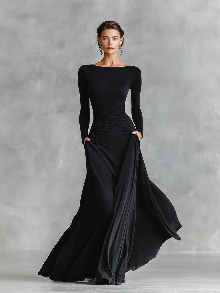 Black Long-Sleeve Sculpted Maxi Gown