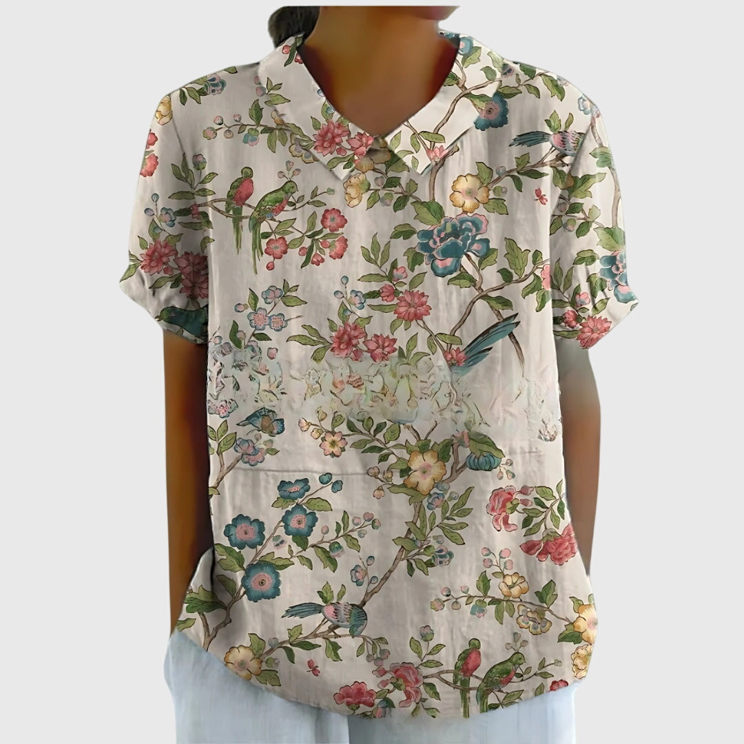 Cora | Women’s Vertical Botanical Print Collared Popover Blouse