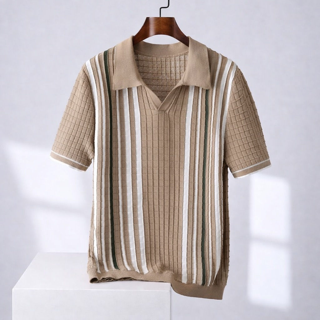 Luca | Men’s Retro Knit Johnny Collar Vertical Stripe Polo