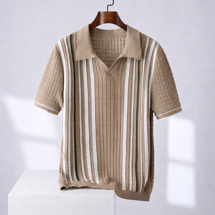 Luca | Men’s Retro Knit Johnny Collar Vertical Stripe Polo