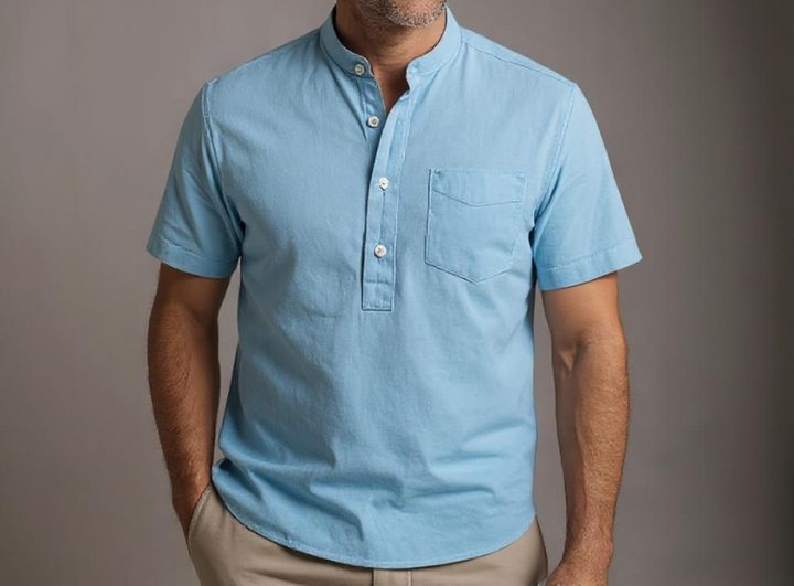 Caspian | Men’s Cotton-Linen Band Collar Popover Shirt