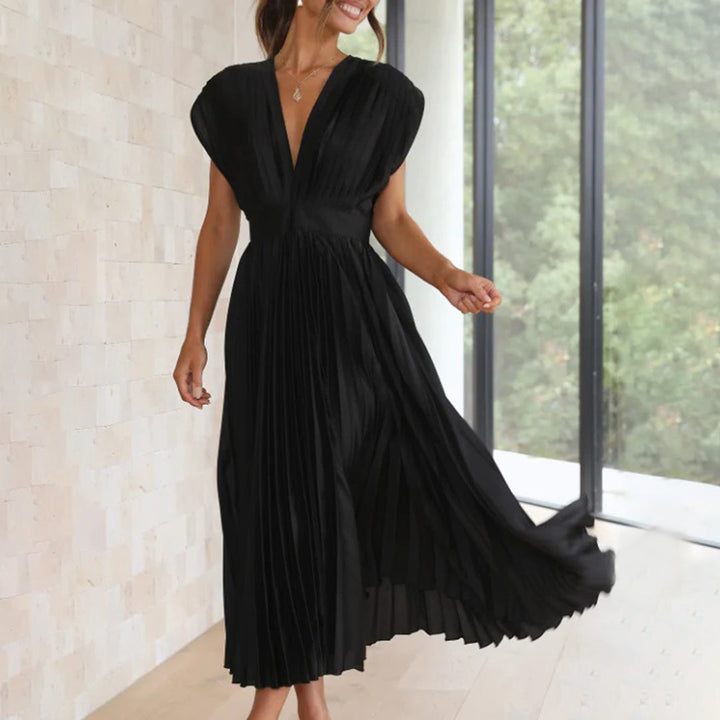 Aviana | Pleated V-Neck Midi Dress
