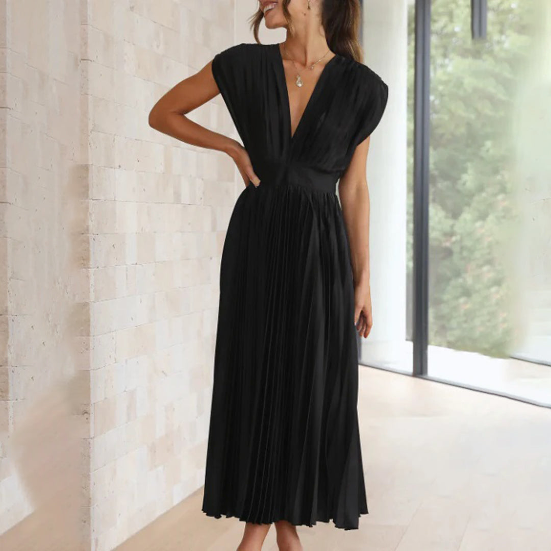Aviana | Pleated V-Neck Midi Dress