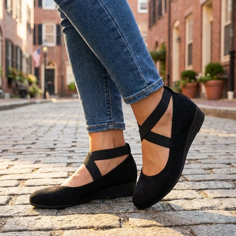 Black flat shoes worn with blue jeans on a cobblestone street.