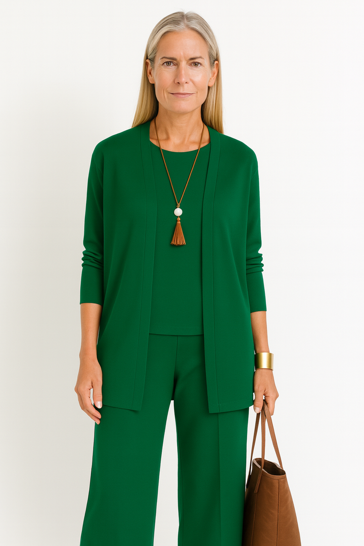 Celine | Women’s 3-Piece Minimalist Longline Cardigan &amp; Wide-Leg Trouser Set