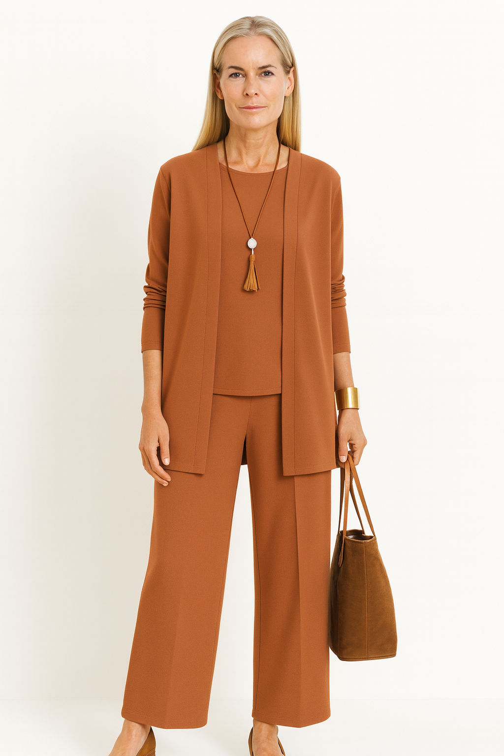 Celine | Women’s 3-Piece Minimalist Longline Cardigan &amp; Wide-Leg Trouser Set