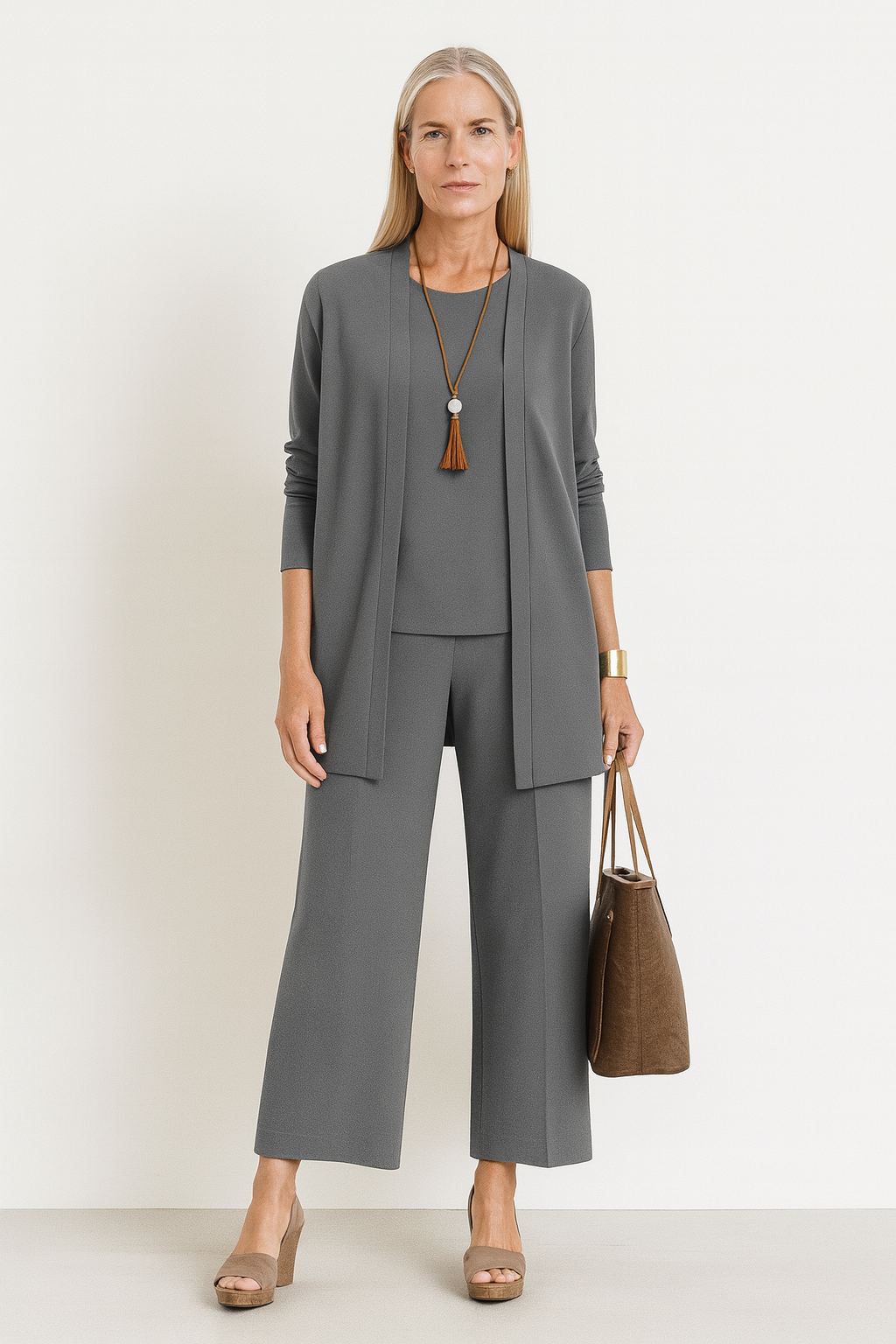 Celine | Women’s 3-Piece Minimalist Longline Cardigan &amp; Wide-Leg Trouser Set
