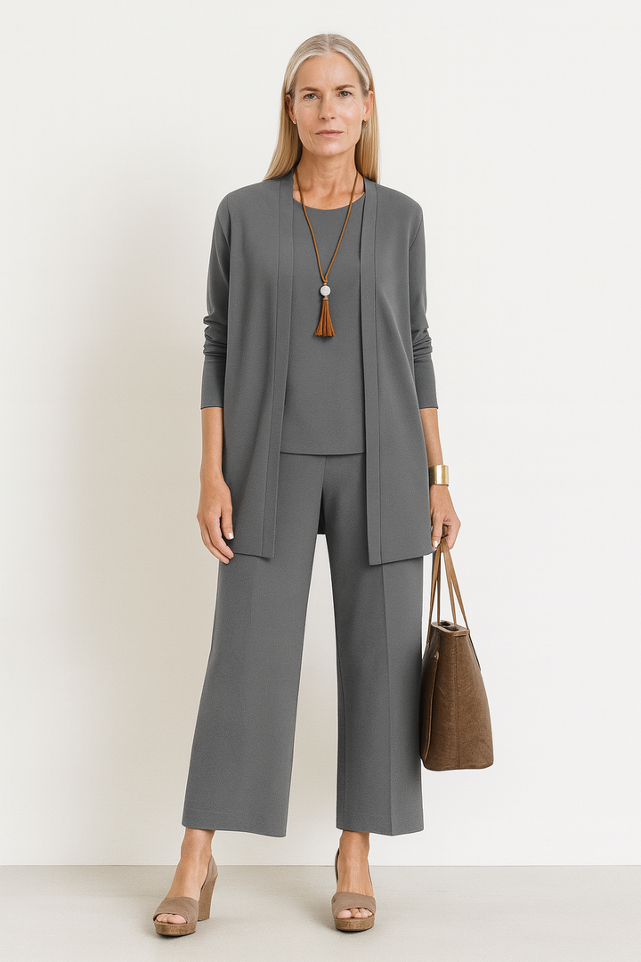 Celine | Women’s 3-Piece Minimalist Longline Cardigan &amp; Wide-Leg Trouser Set