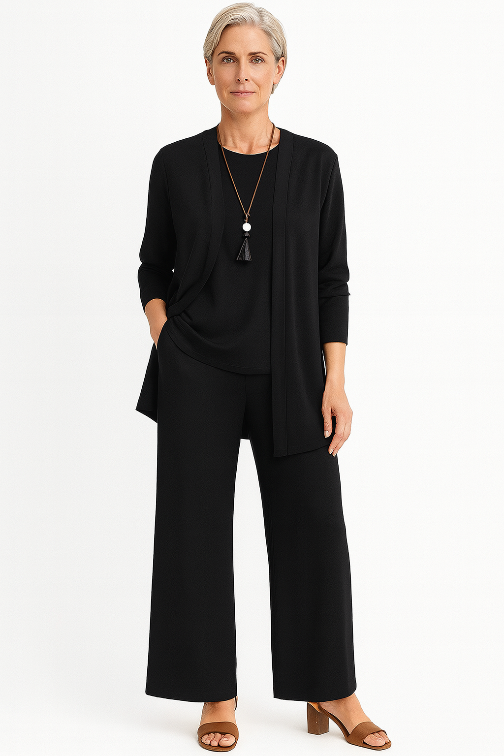 Celine | Women’s 3-Piece Minimalist Longline Cardigan &amp; Wide-Leg Trouser Set