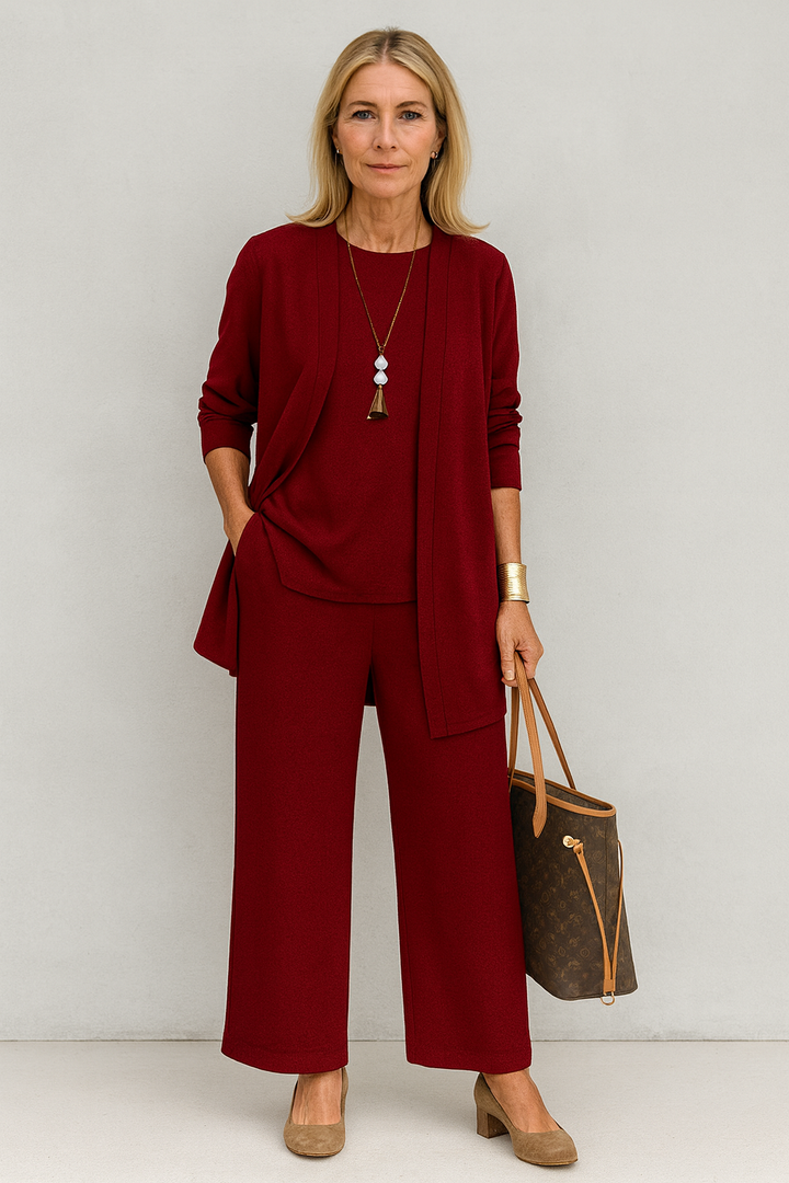 Celine | Women’s 3-Piece Minimalist Longline Cardigan &amp; Wide-Leg Trouser Set
