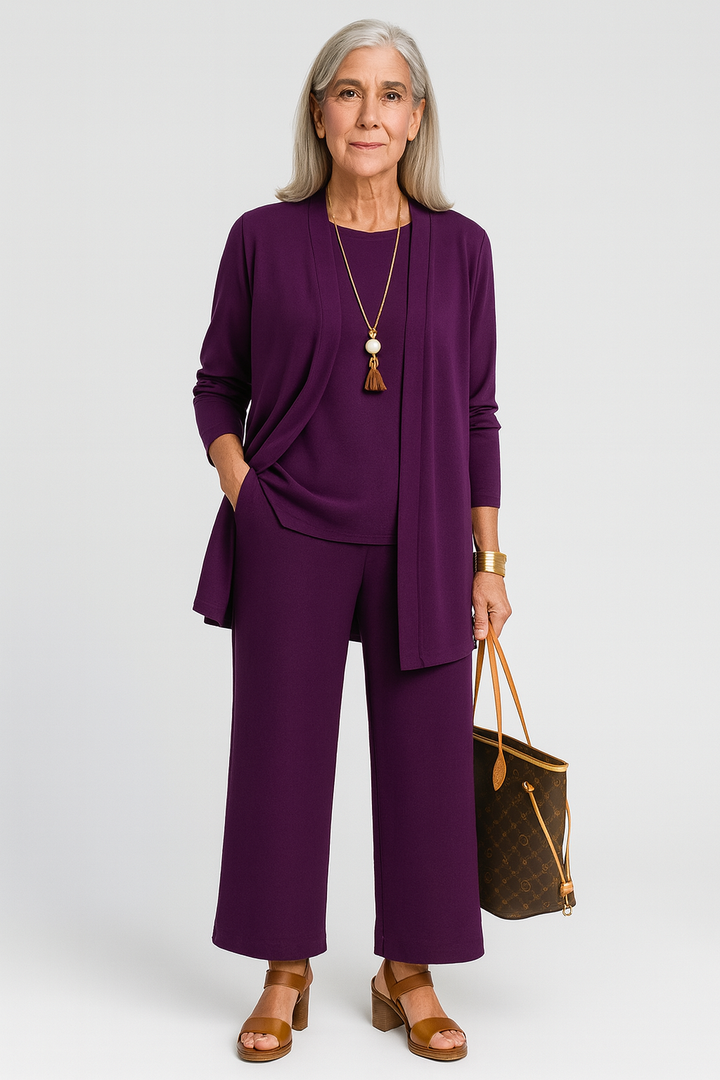 Celine | Women’s 3-Piece Minimalist Longline Cardigan &amp; Wide-Leg Trouser Set