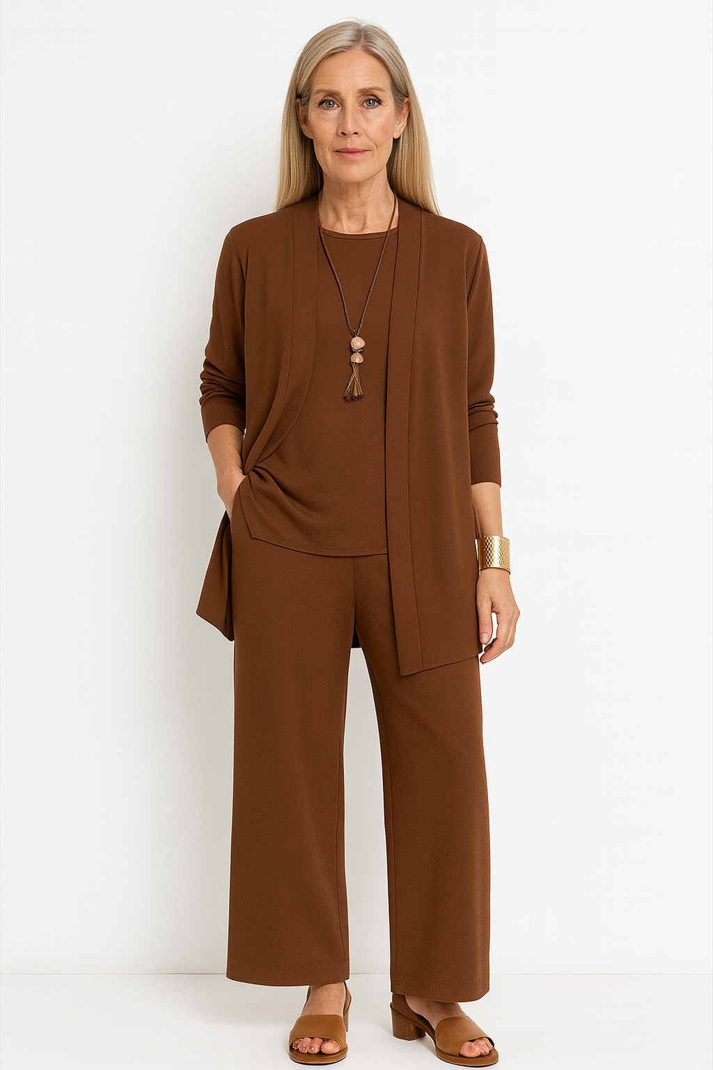 Celine | Women’s 3-Piece Minimalist Longline Cardigan &amp; Wide-Leg Trouser Set
